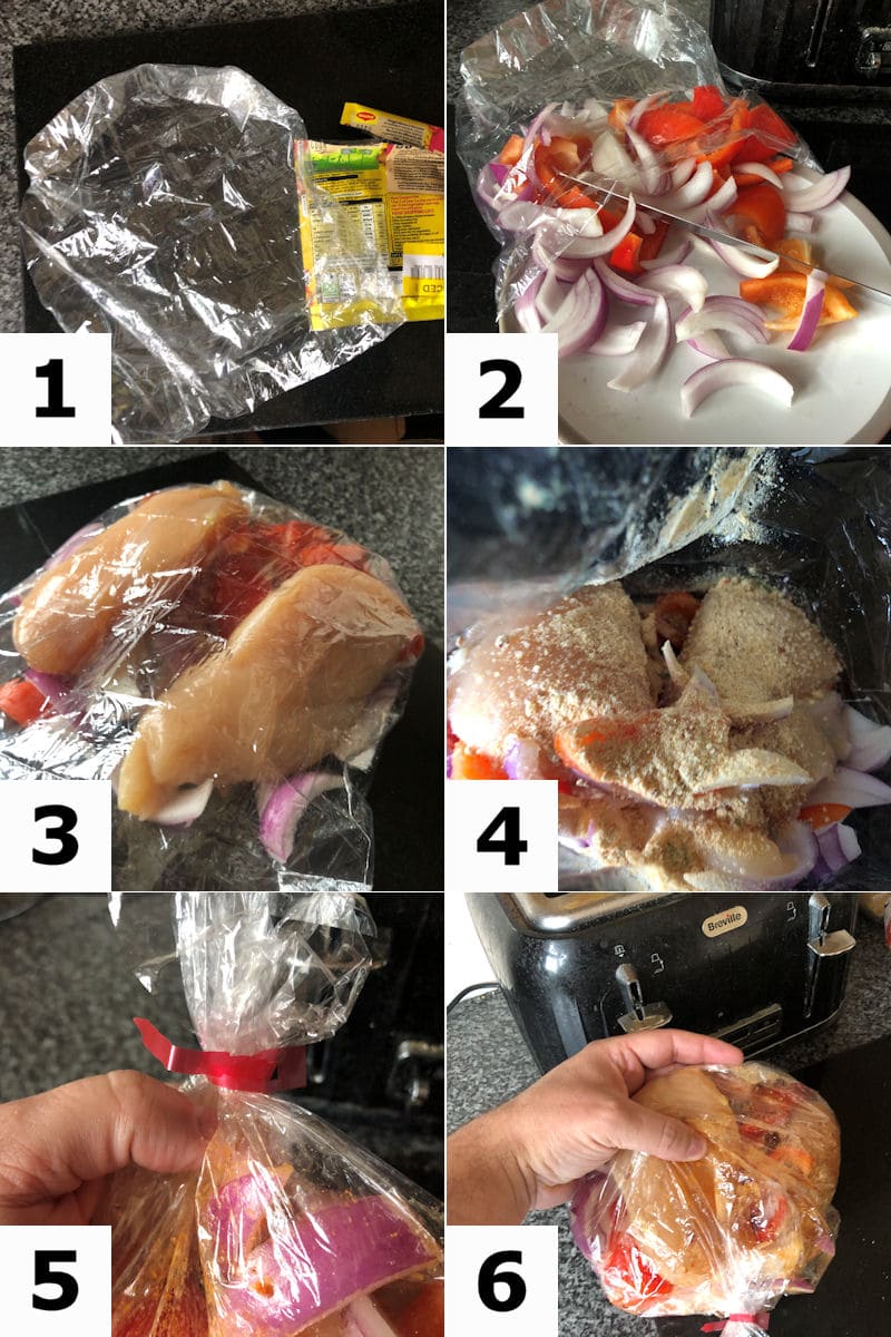 Picture directions for preparing Maggi bag for air frying chicken, pepper and onion