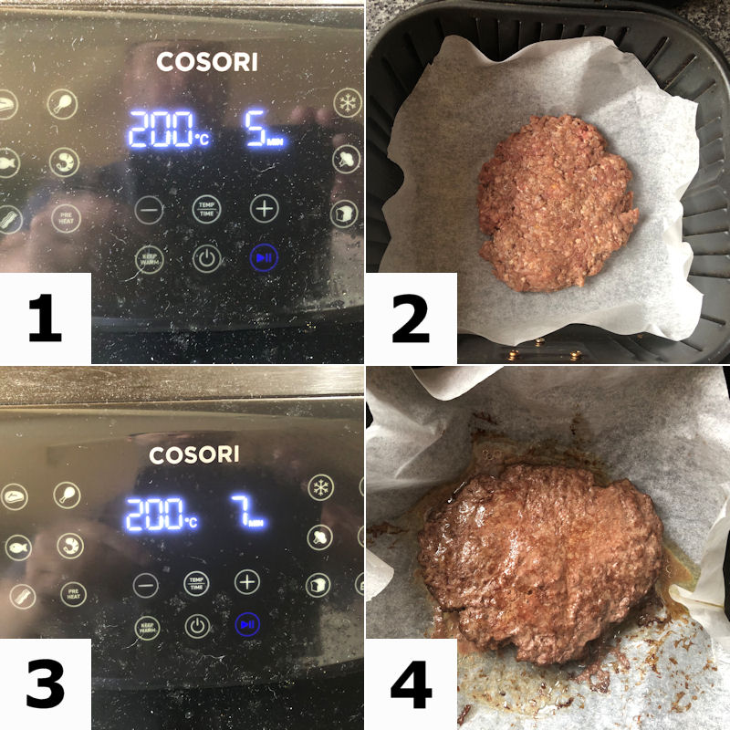 4 grid pattern showing how to cook hamburger patty in air fryer basket