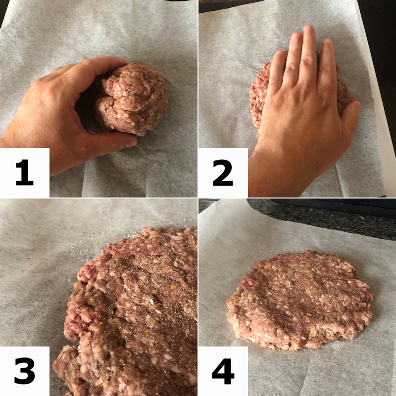 4 grid image pattern demonstrating how to make a fresh smash patty