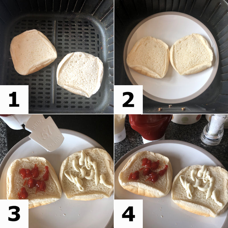 4 step image pattern demonstrating how to prepare hamburger bun