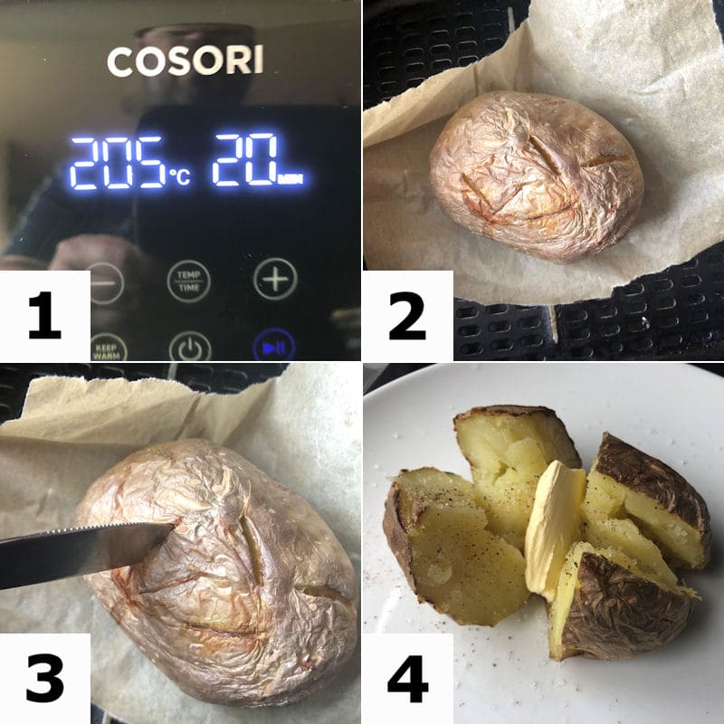 Picture directions for air frying a microwaved jacket potato