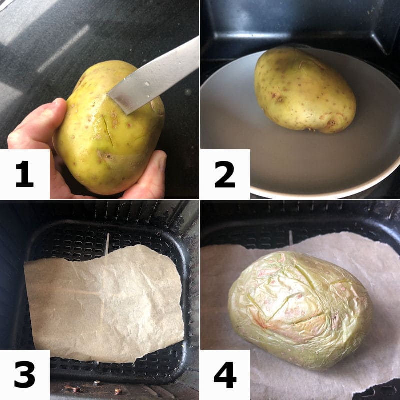 Picture directions for preparing a jacket potato for microwaving