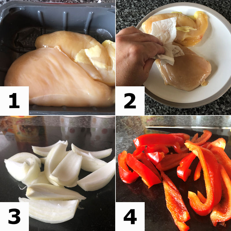 Picture directions for preparing chicken and veggies for Nando's Bag & Bake