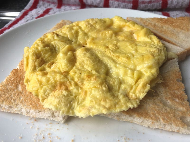 Air 
  fried omelette placed on unbuttered toast