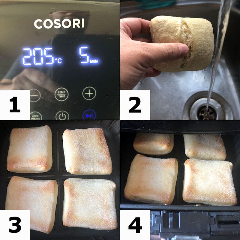 Picture directions for preparing part baked rolls for air frying