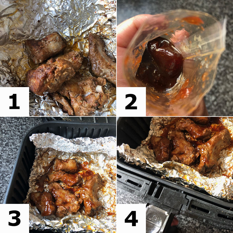 Grid pattern images displaying how to add BBQ sauce to pre-cooked ribs