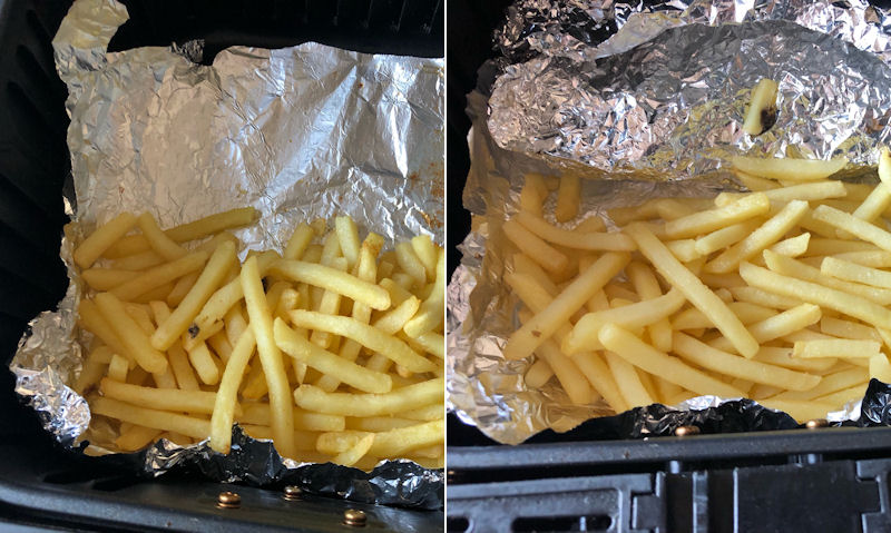 Left image with fries on foil in basket; right image with fries, rib parcel