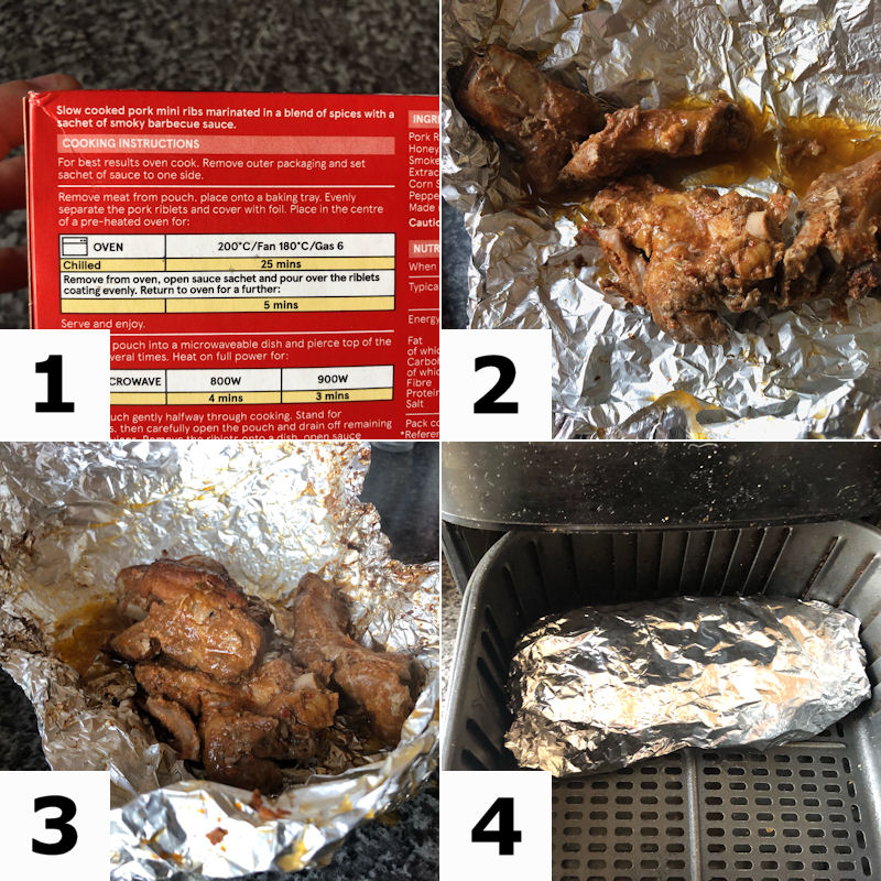 Grid image demonstrating step by step guide to cooking ribs with time and temperature