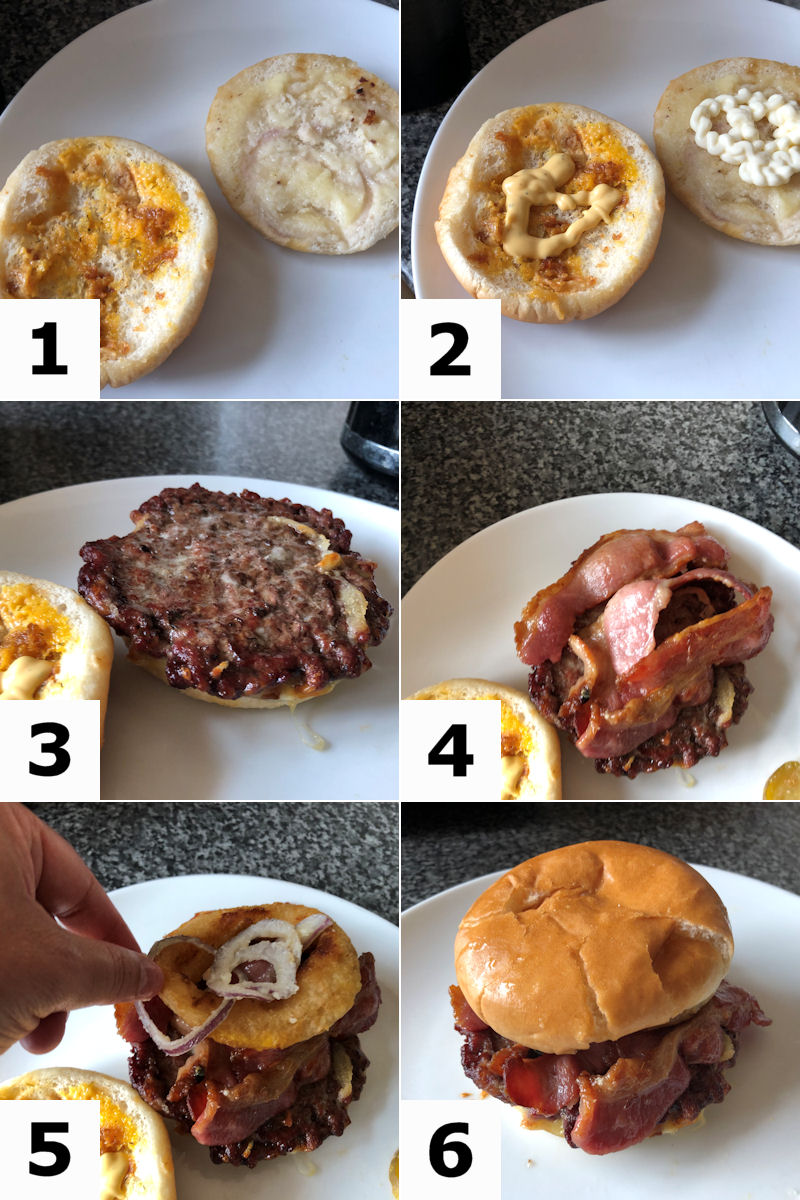 Six images displaying a step be step guide to re-assembling a reheated burger and bun