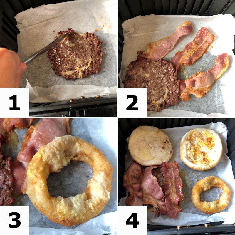 Grid like image demonstrating when to reheat burger components bacon, onion rings