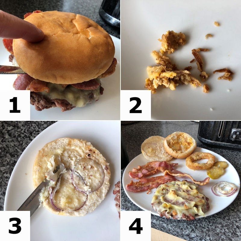 Step by step in 4 images, demonstrating how to disassemble a burger bun