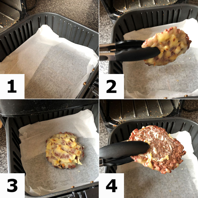 Step by step guide with 4 images; demonstrating how to reheat beef burger patty only