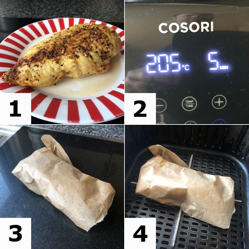 Picture directions for preparing to reheat chicken breast in air fryer