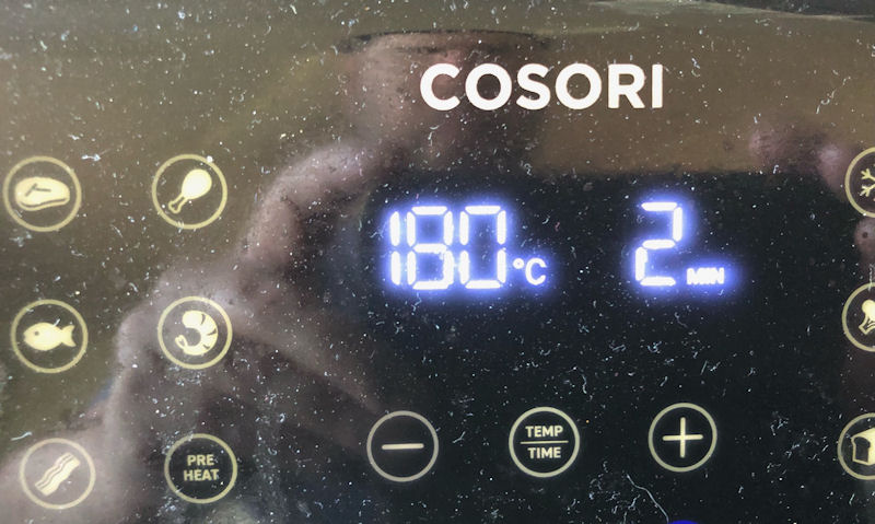 My Cosori air fryer temperature displaying 180°c, 2 min.