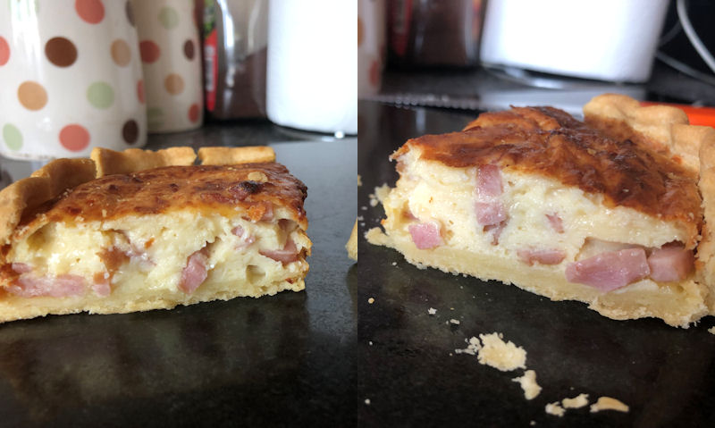 Reheated frozen/chilled quiche lorraine compared side by side