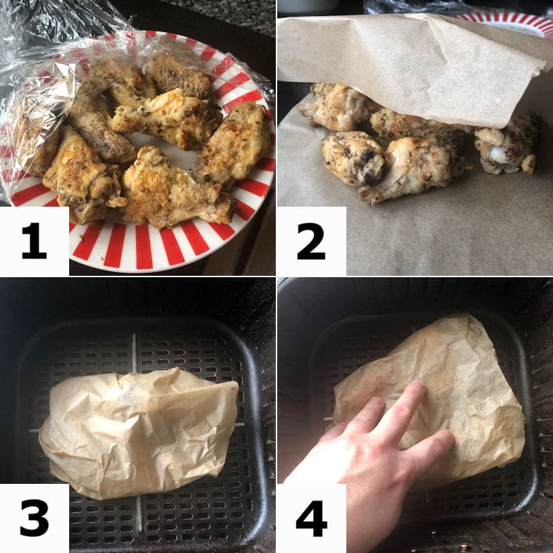 Picture directions for preparing chicken wings for reheating