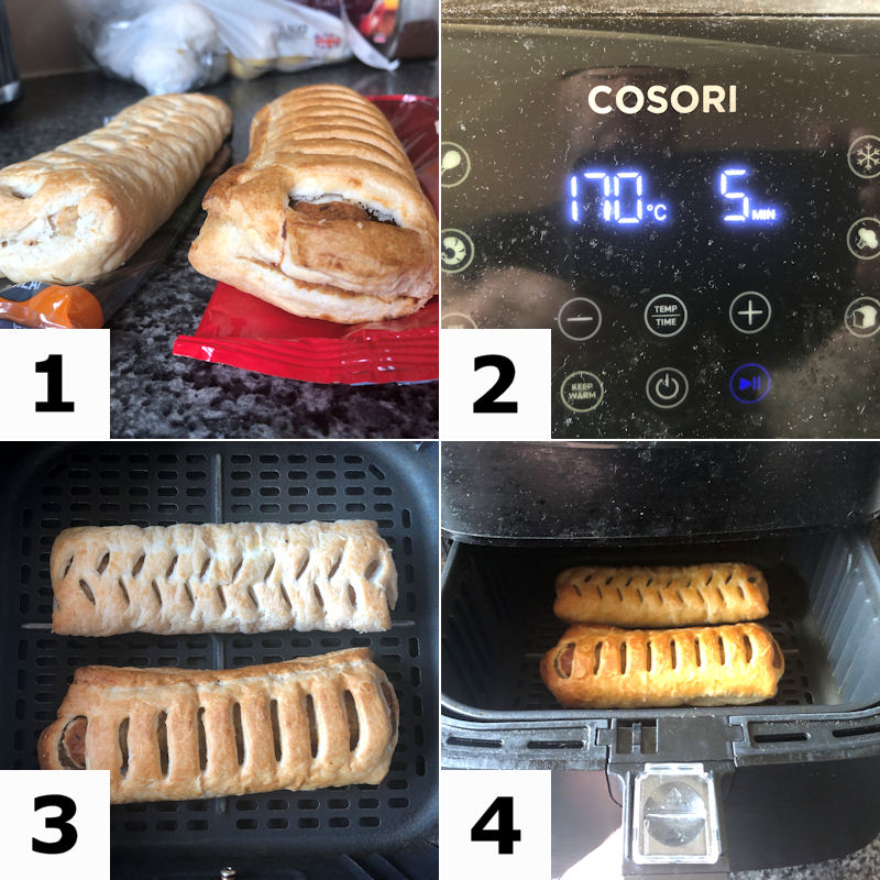 Directions for preparing sausage rolls for reheating in air fryer