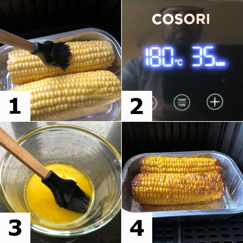 Picture directions for roasting two corn on the cobs in air fryer