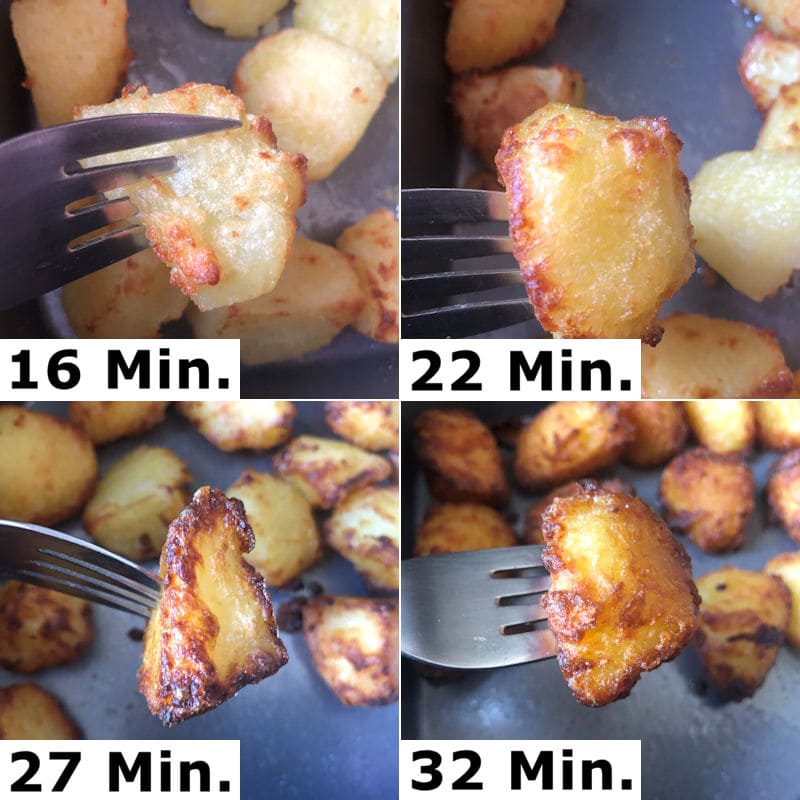 Pictures of air fried roast potatoes cooked to four textures