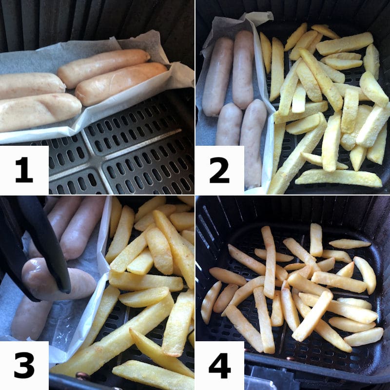 Picture directions for air frying sausage and chips together