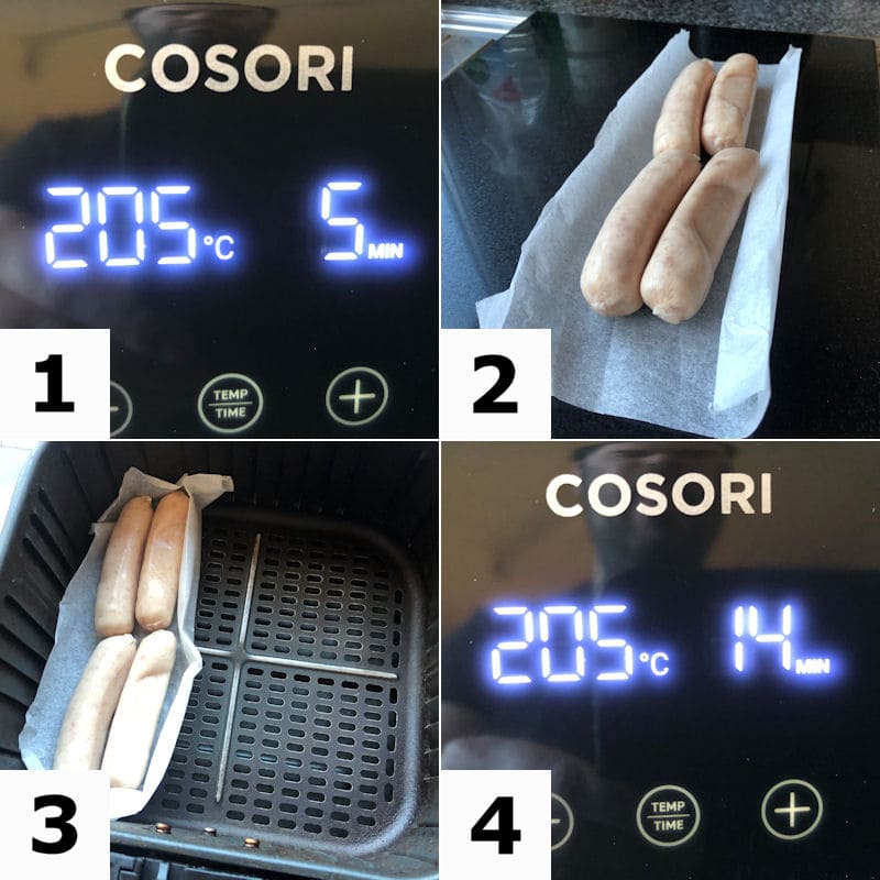 Picture directions for preparing sausage and chips for air frying