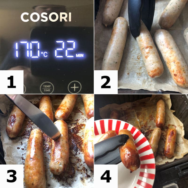 Picture directions for air frying eight fresh sausages