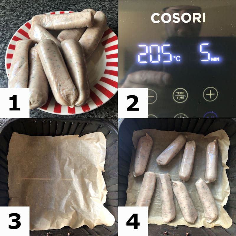 Picture directions for preparing eight sausages for air frying