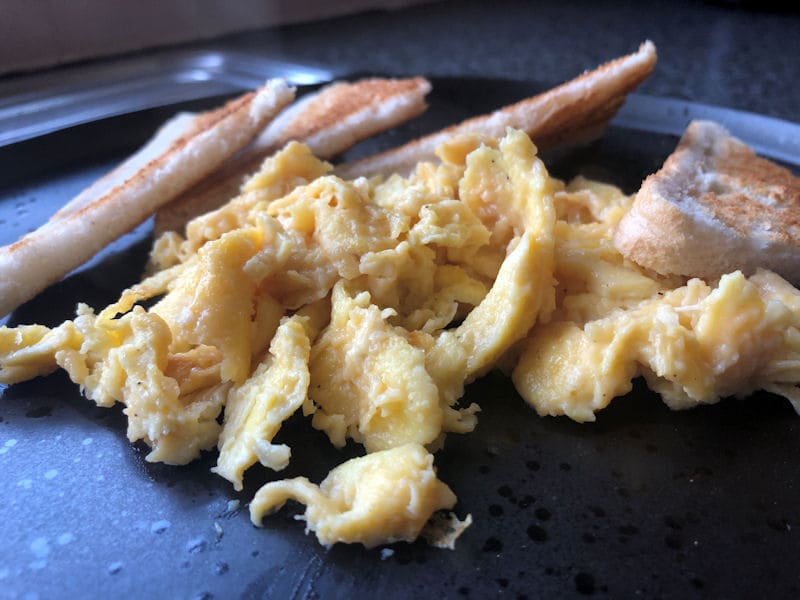 Serving of air fried scrambled eggs and toast