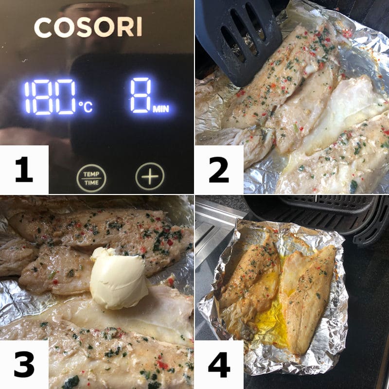 Picture 
  directions for air frying two lemon/pepper Sea Bass fillets