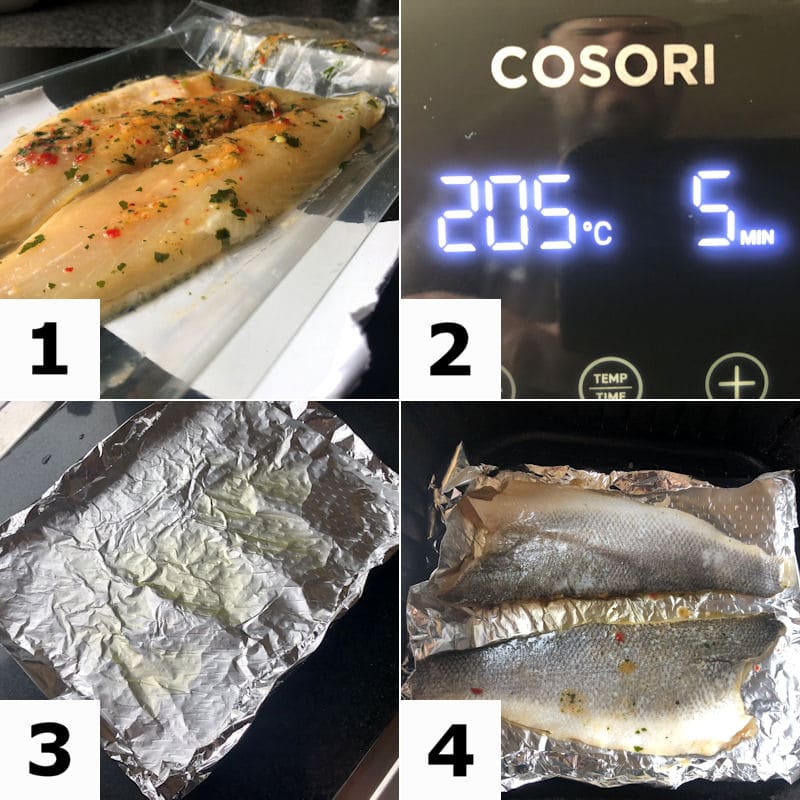 Picture 
  directions for preparing two Sea Bass fillets in air fryer