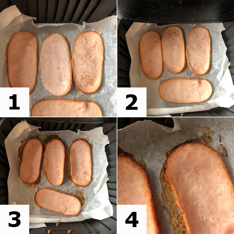 Illustration of turkey bacon cooking at four stages of air frying