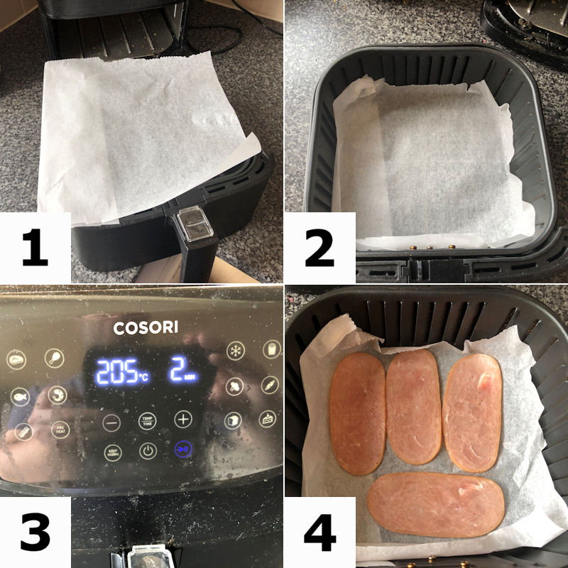 Illustration of preparing air fryer basket ready for cooking turkey bacon